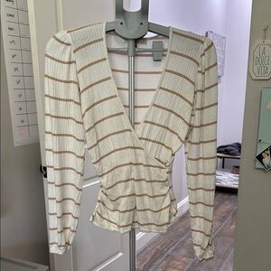 Fitted Cream and Tan Wrap Blouse with Long Sleeves